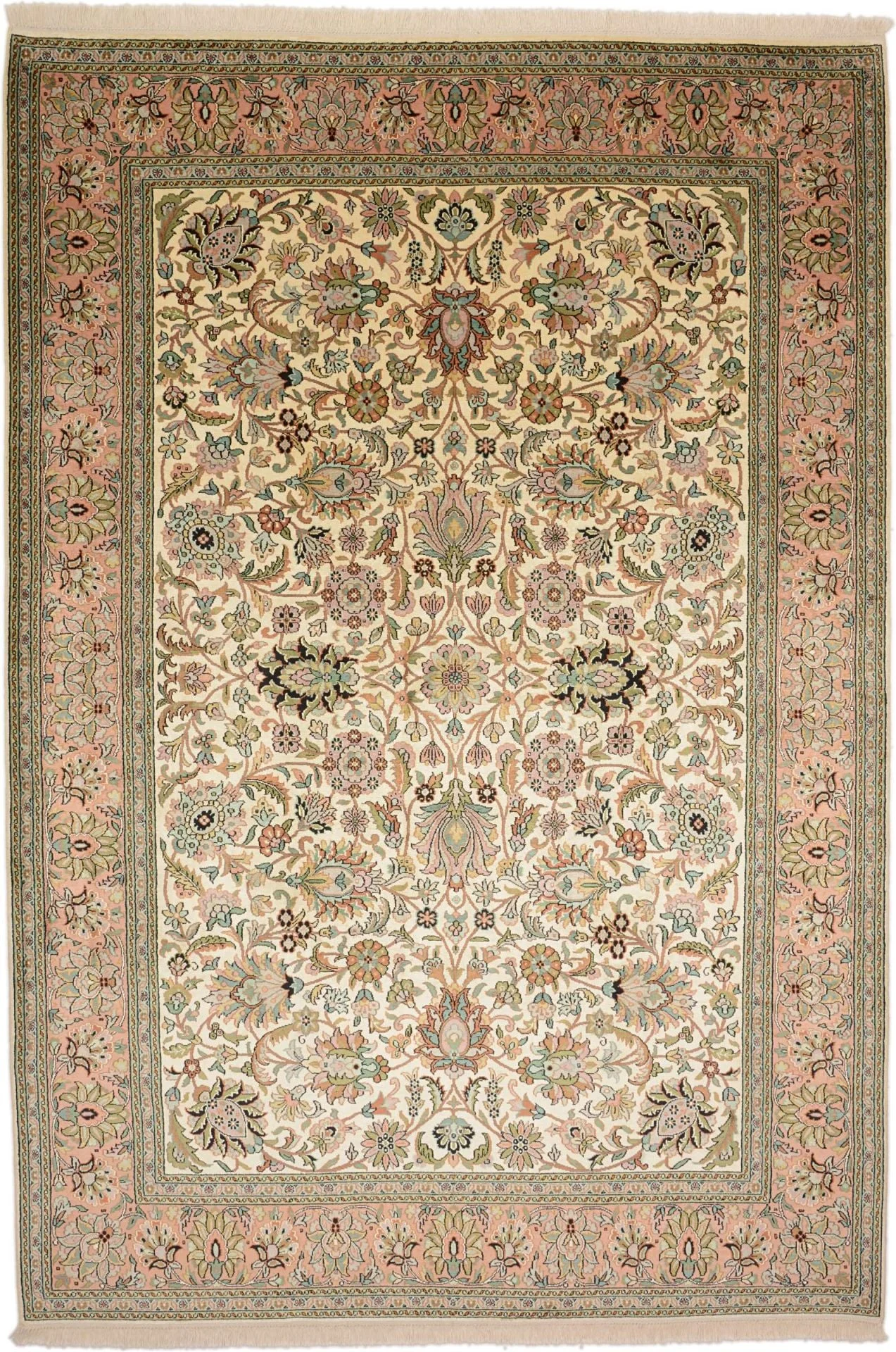 Kashmir Orientteppich 188 × 275 cm, Seide, handgeknüpft Pastell