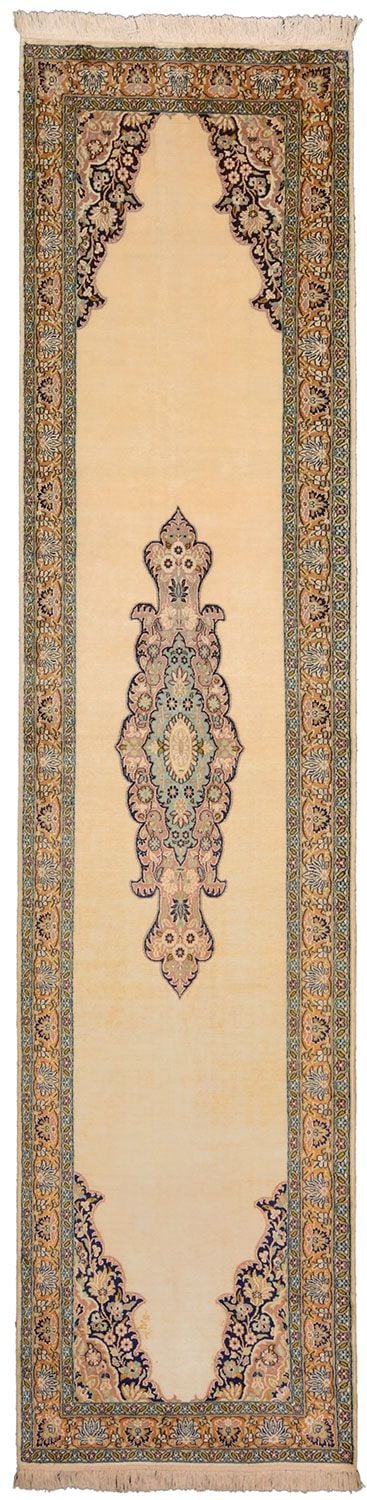Kashmir Orientteppich 77 × 326 cm, Seide, handgeknüpft