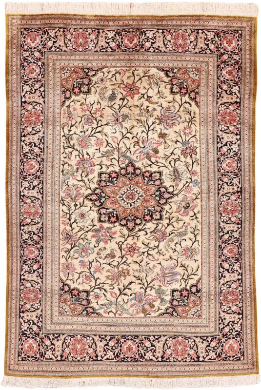 Ghom Perserteppich 135 × 195 cm, Seide, handgeknüpft antik